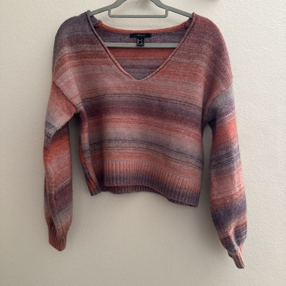 Forever 21 Striped V-Neck Sweater - Purple and Orange